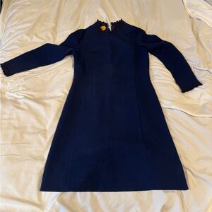 Vintage 1960s Betty Barclay Junior Petite Navy Blue Shift Dress - Mod Lace Neck